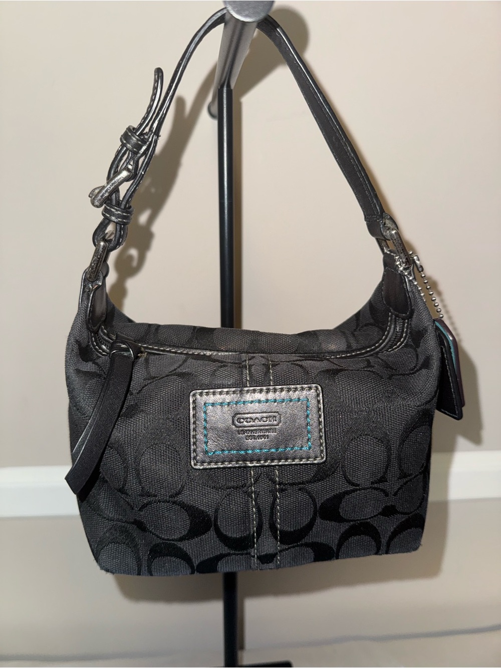 Coach Black Signature Canvas Shoulder Bag with Leather Trim